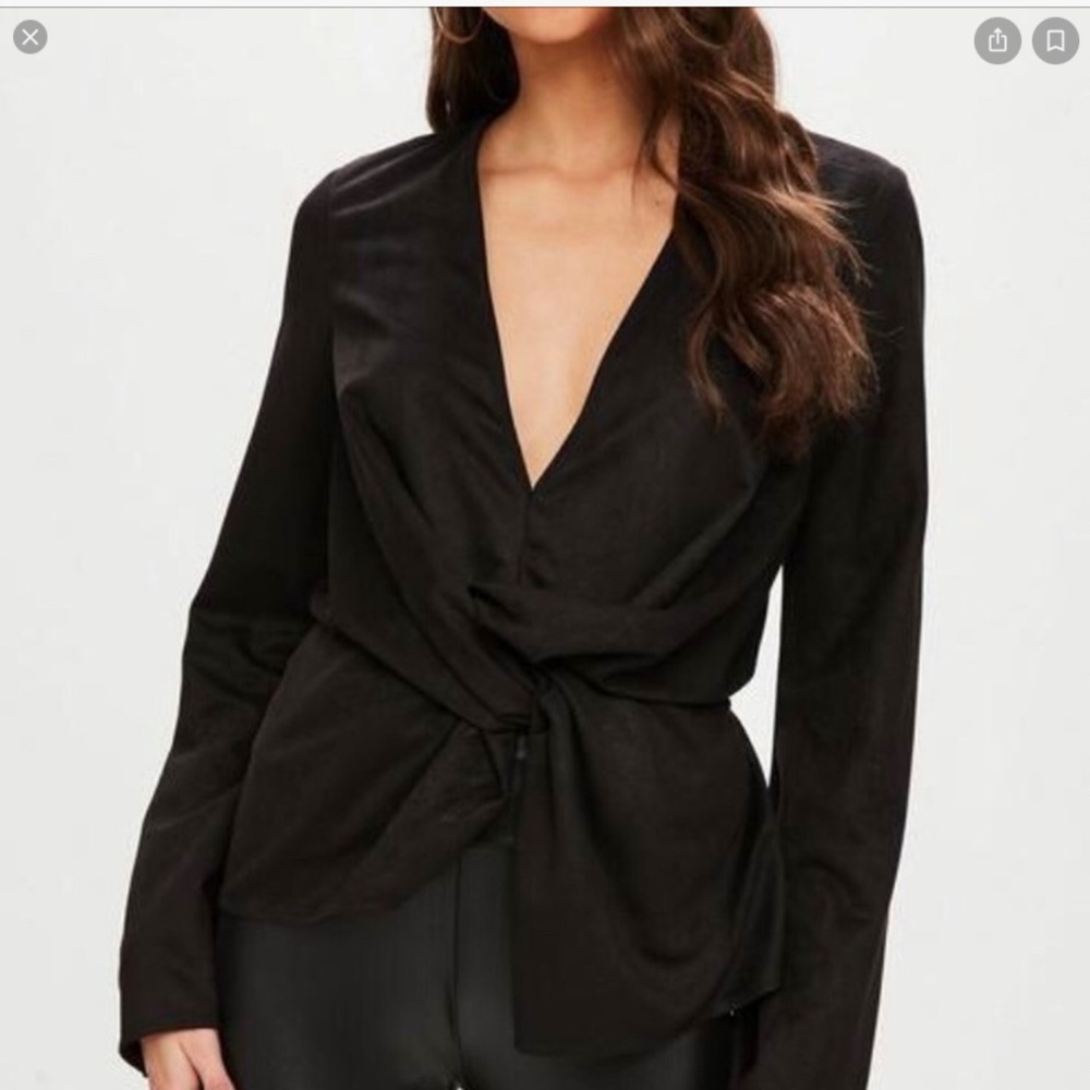Missguided Suedette Drape Front Blouse Black NWT
